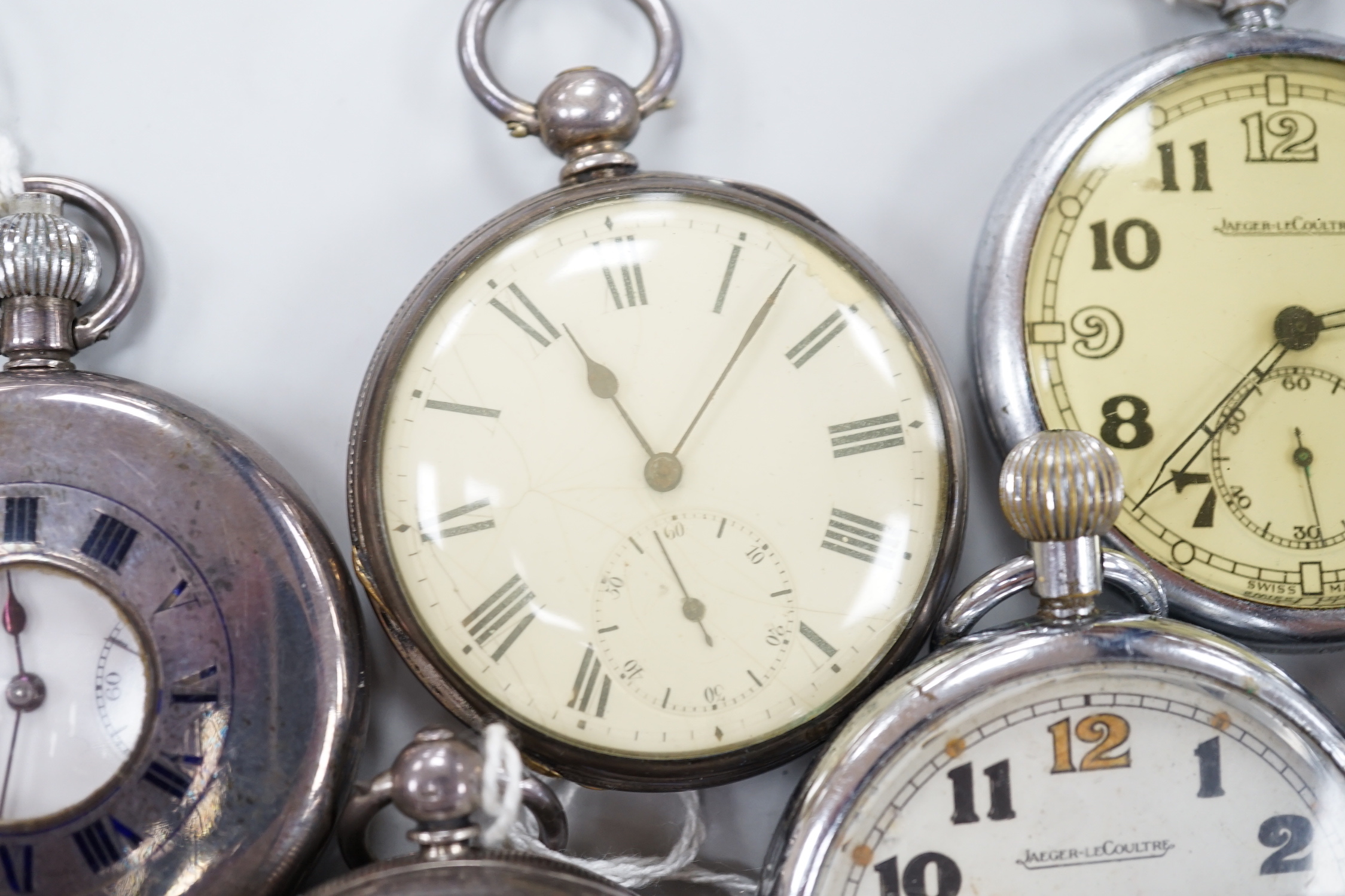 Fourteen assorted mainly base metal pocket watches including two Jaeger LeCoultre and a chronograph.